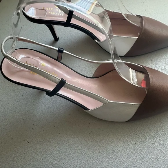 KateSpade Sabina pumps white brown leather with black and clear slingback straps - Picture 6 of 13